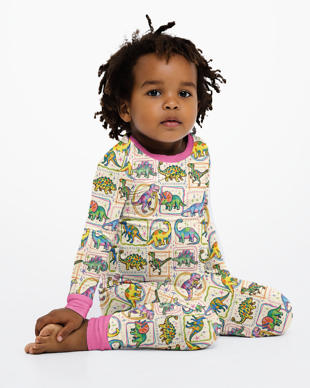 Colorful Dino Sketchbook Bamboo Two Piece Long Sleeve Pajama Set