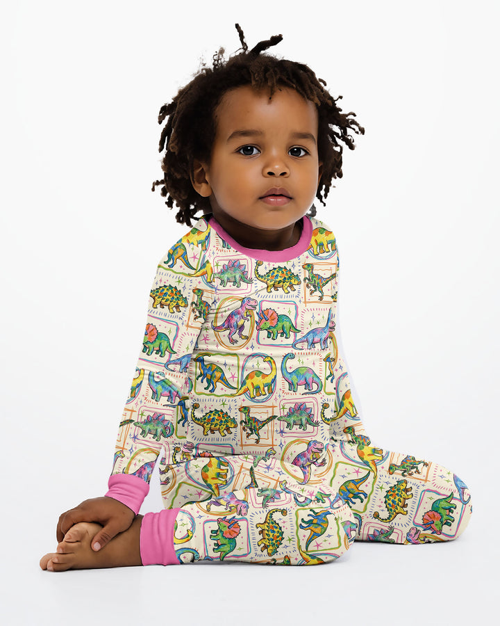 Colorful Dino Sketchbook Bamboo Two Piece Long Sleeve Pajama Set