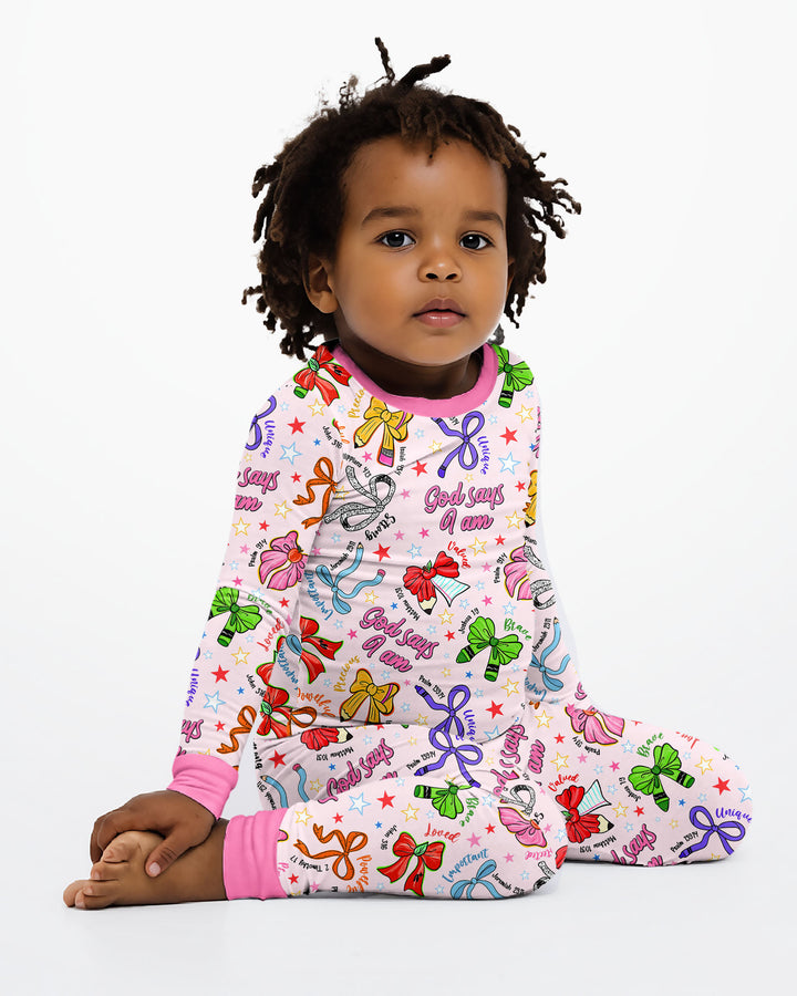 Pencil Bows God Says I Am Bamboo Two Piece Long Sleeve Pajama Set