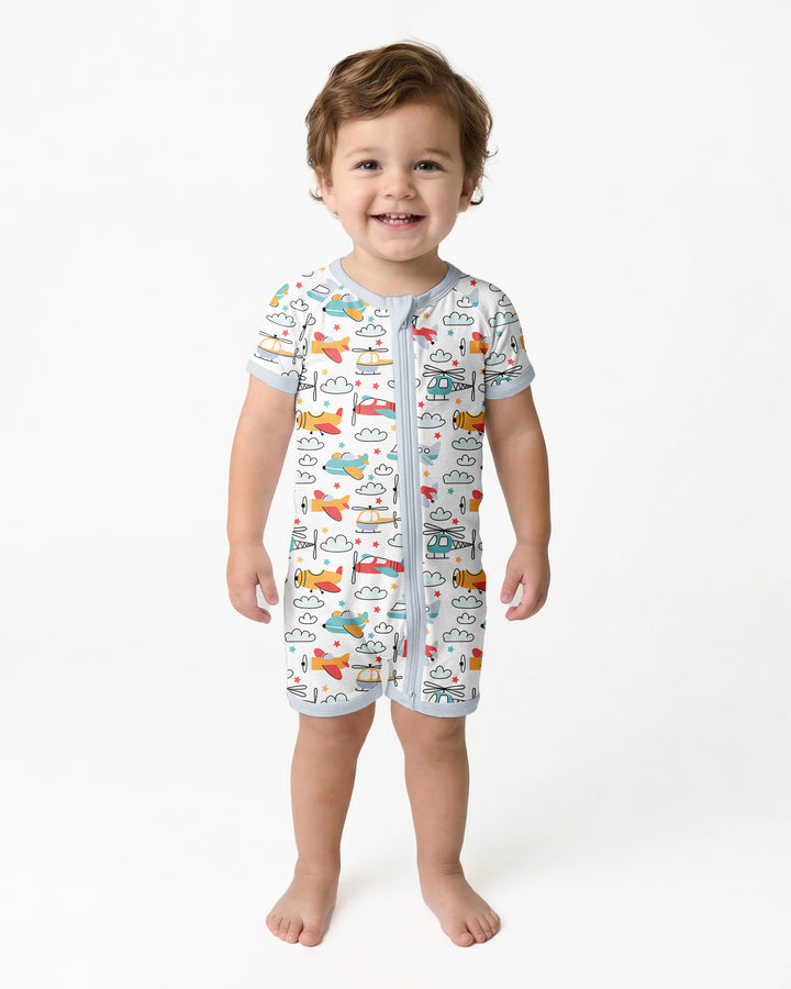 Airplanes and Helicopters Bamboo Shorty Zippered Romper
