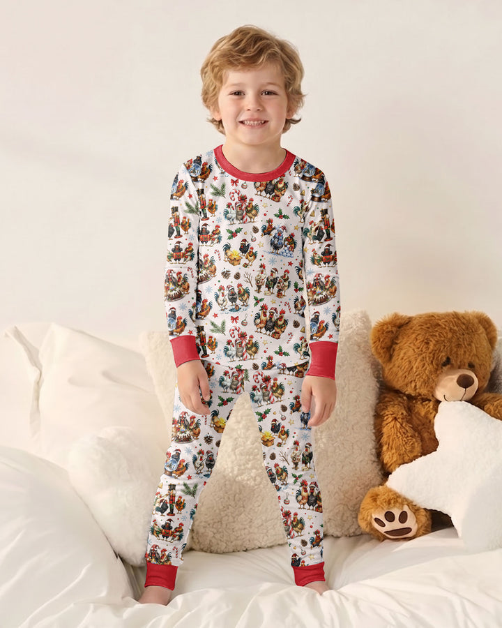 Funny Roosters On Christmas Bamboo Two Piece Long Sleeve Pajama Set