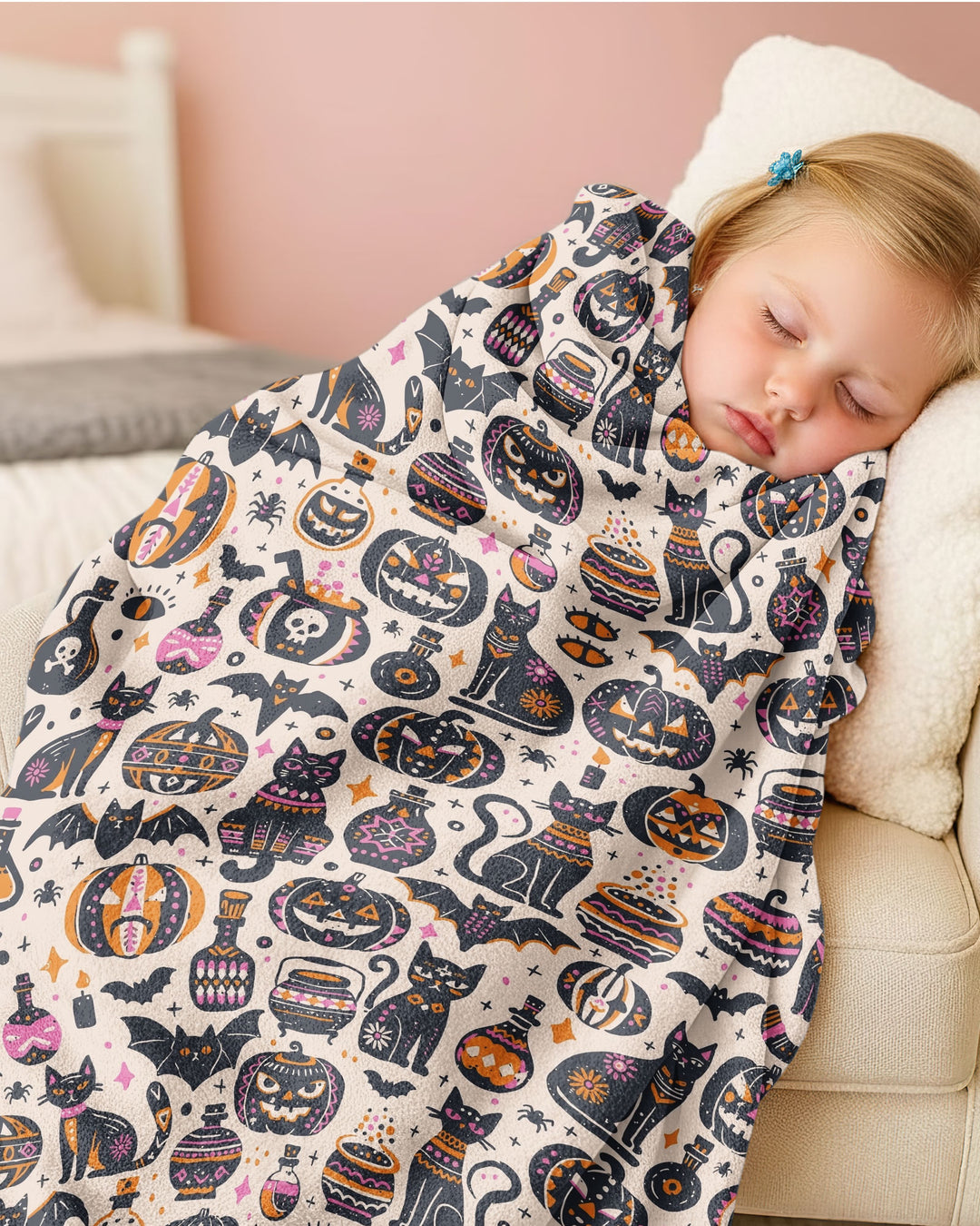 Whimsical Tribal Retro Halloween Black Cats Pumpkins Bamboo Blanket