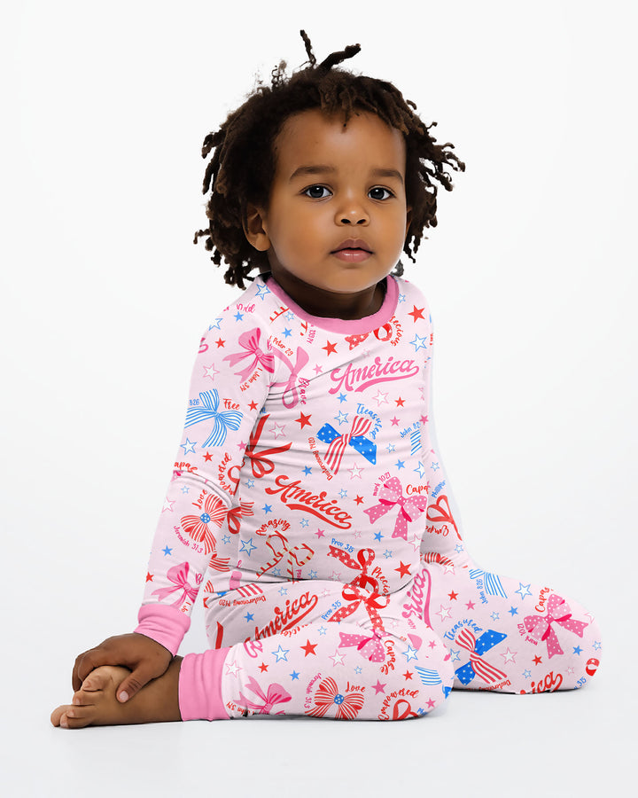 Pink Girly Patriotic Bamboo Two Piece Long Sleeve Pajama Set