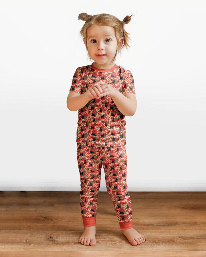 Black Cat Ditsy Bamboo Two Piece Short Sleeve Pajama Set