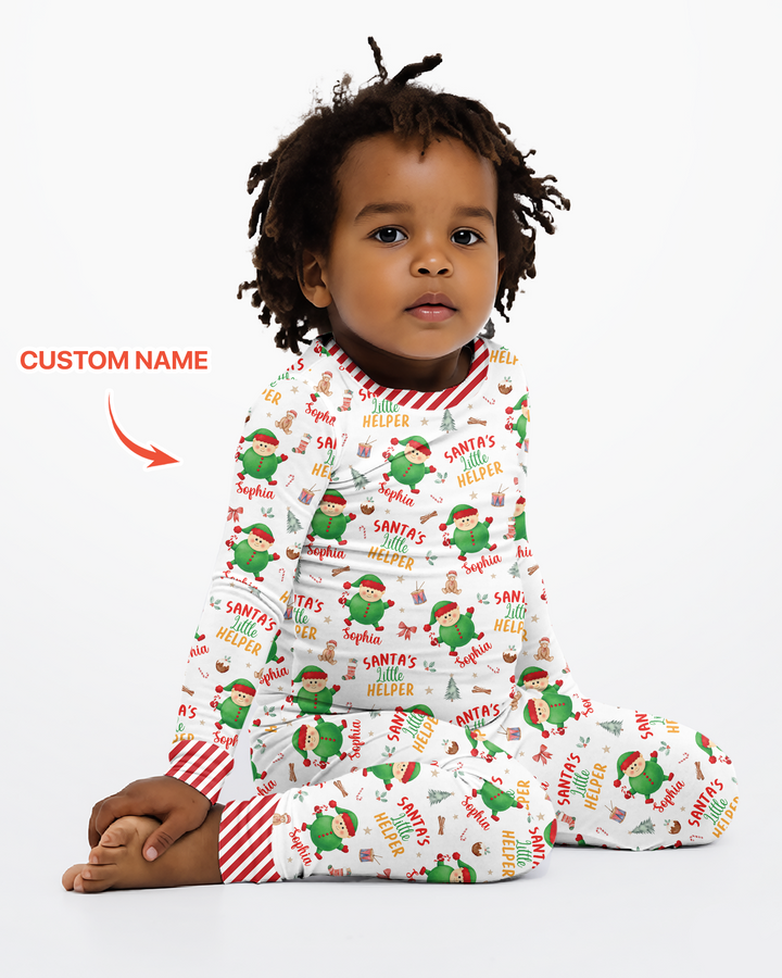 Custom Name Santa's Little Helper Bamboo Two Piece Long Sleeve Pajama Set