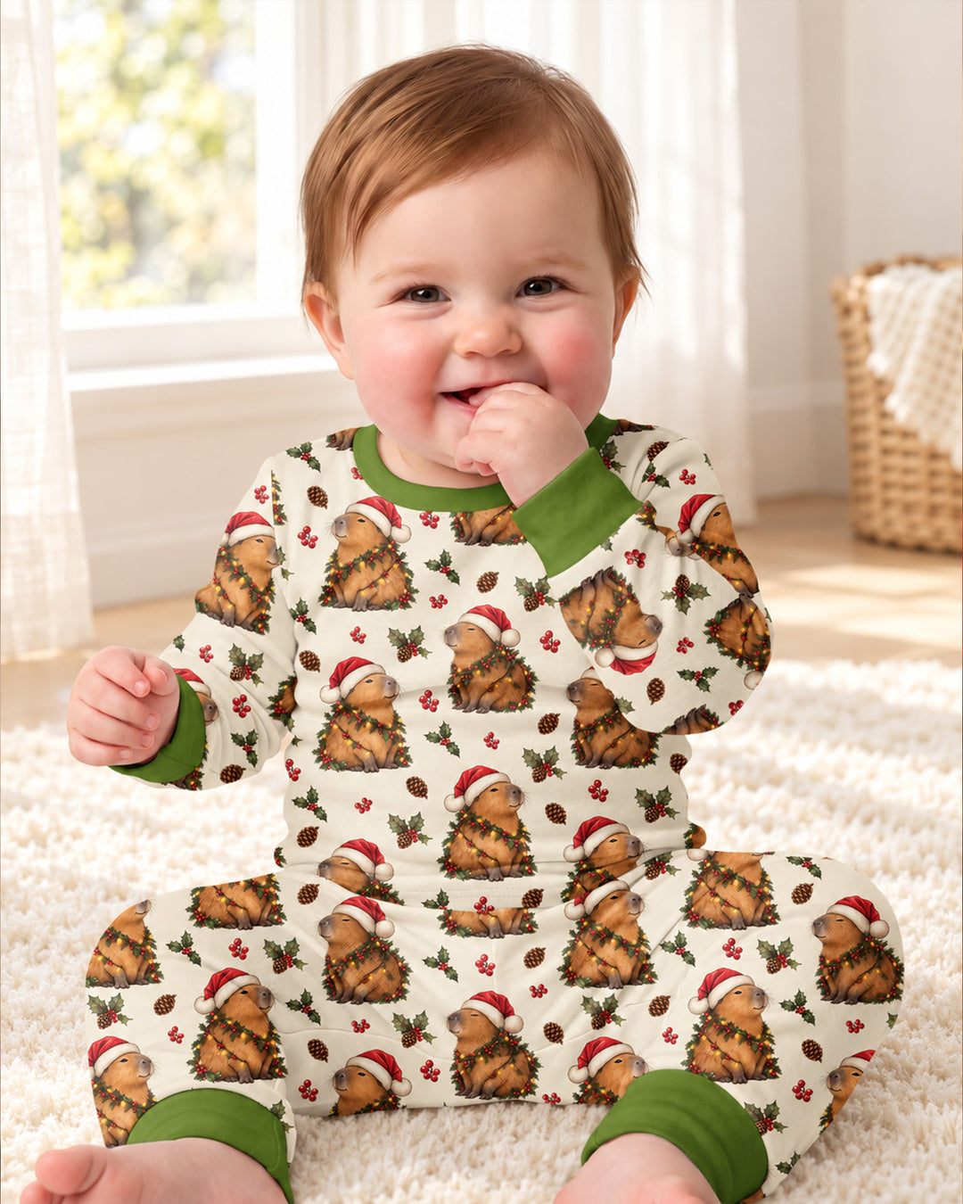 Cozy Christmas Capybara Bamboo Two Piece Long Sleeve Pajama Set