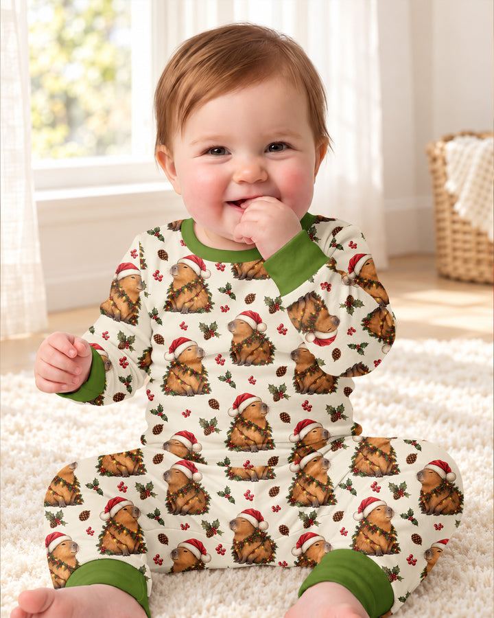 Cozy Christmas Capybara Bamboo Two Piece Long Sleeve Pajama Set