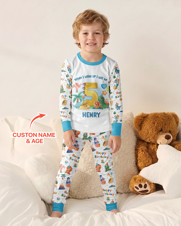 Custom Name When I Wake Up Birthday Dino Bamboo Two Piece Long Sleeve Pajama Set