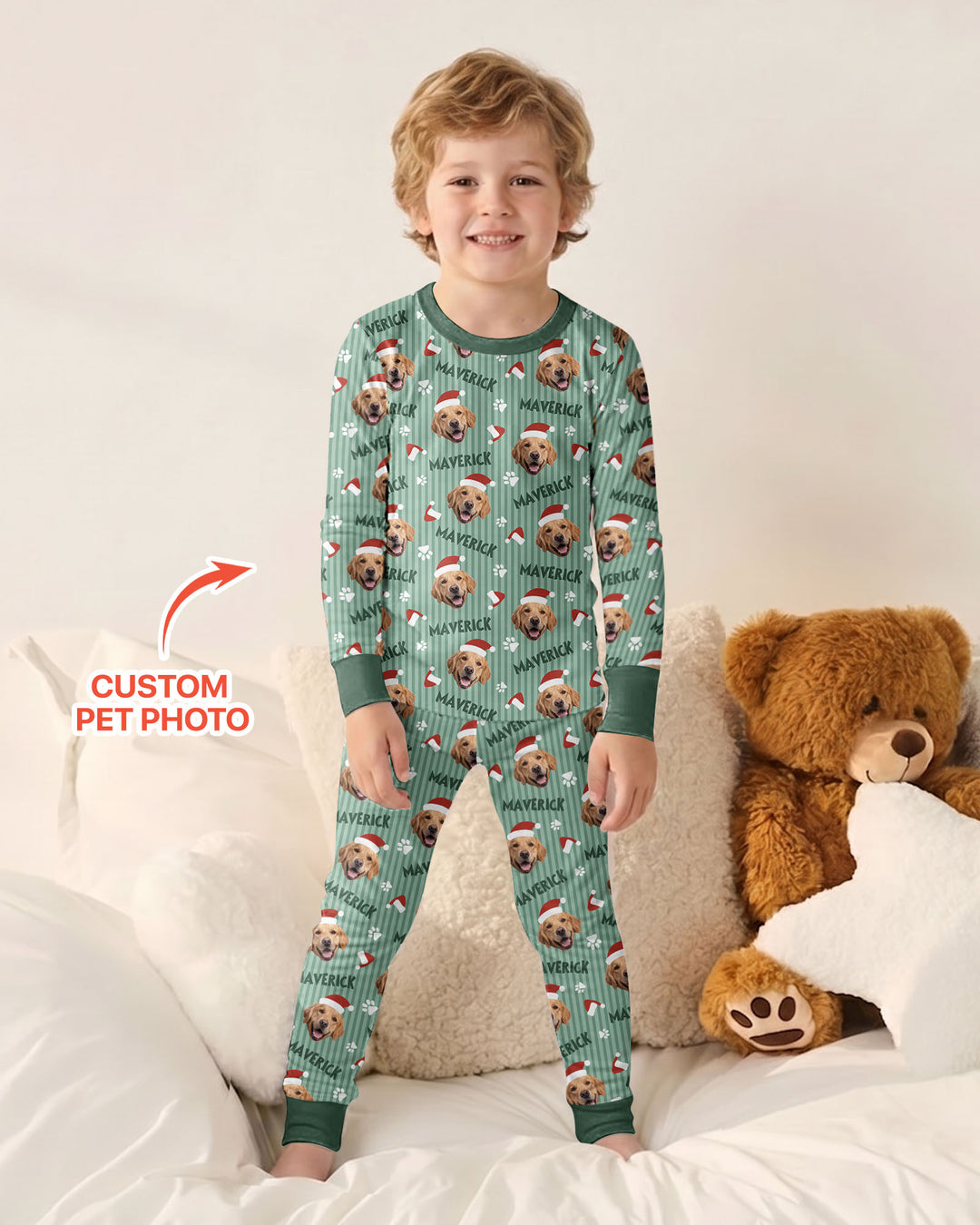Custom Pet Photo Christmas Paws Stripe Bamboo Two Piece Long Sleeve Pajama Set