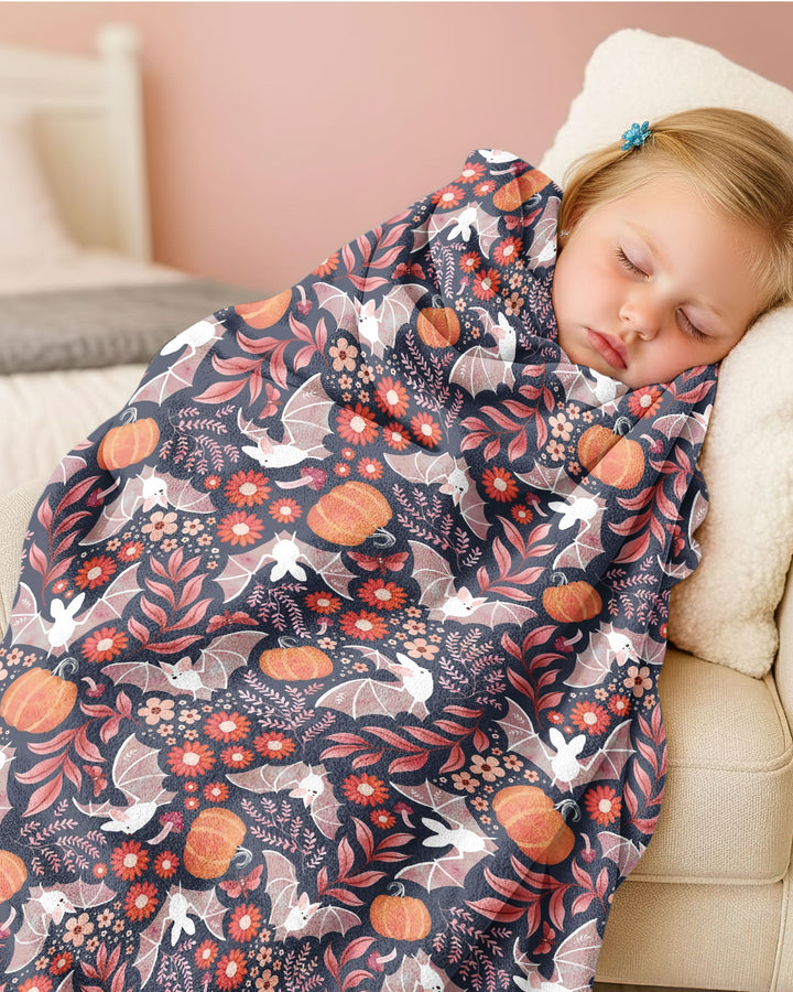 Bat Pumpkin Floral Halloween Bamboo Blanket