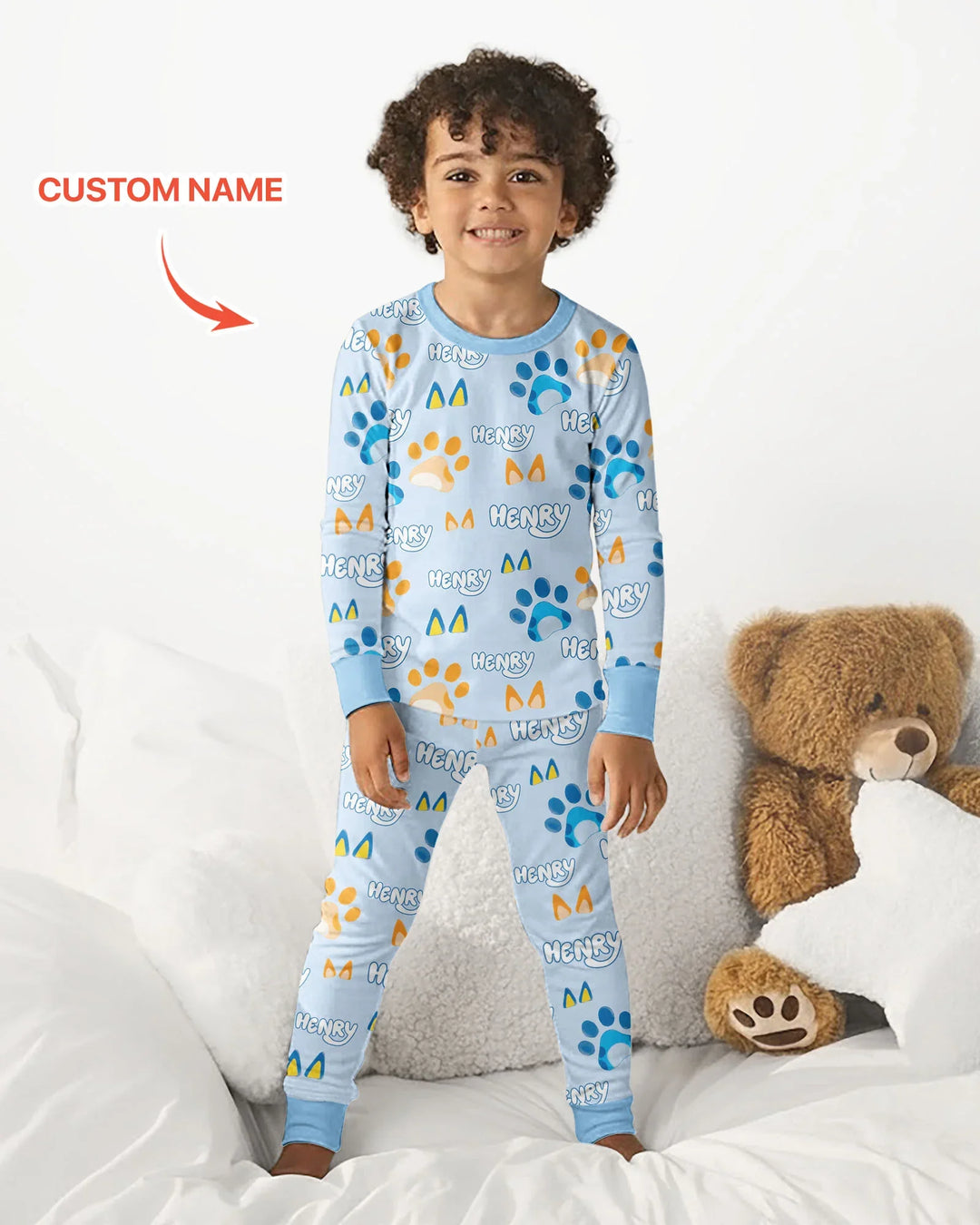 Custom Name Favourite Blue Dog Family Matching Bamboo Two Piece Long Sleeve Pajama Set