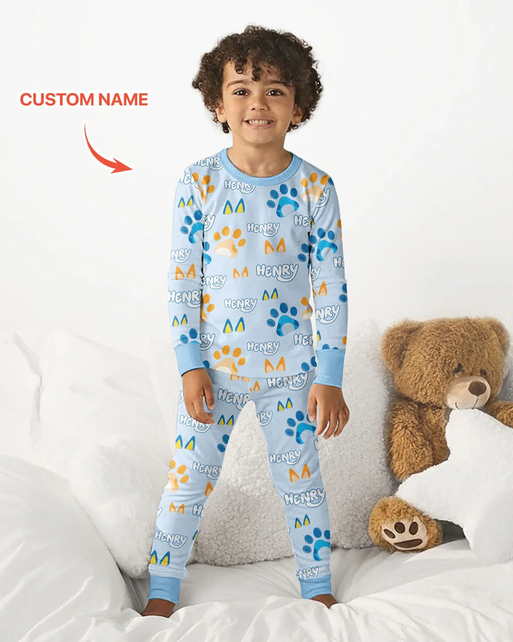 Custom Name Favourite Blue Dog Family Matching Bamboo Two Piece Long Sleeve Pajama Set