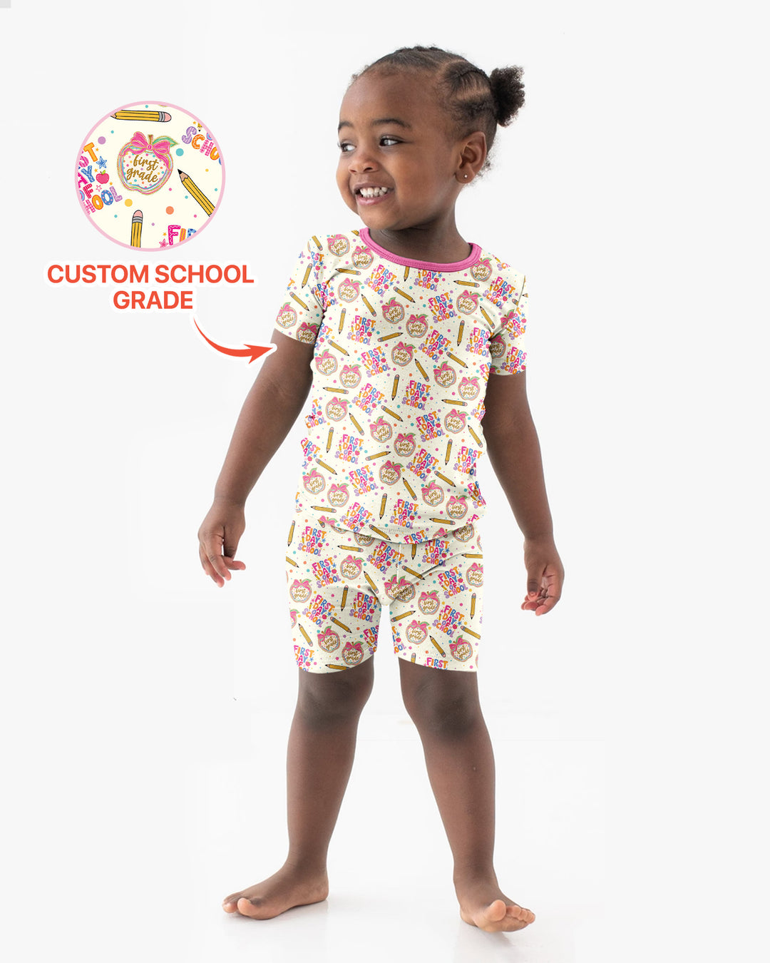 Custom School Grade First Day Cutie Bamboo Two Piece Short Sleeve Shorts Pajama Set