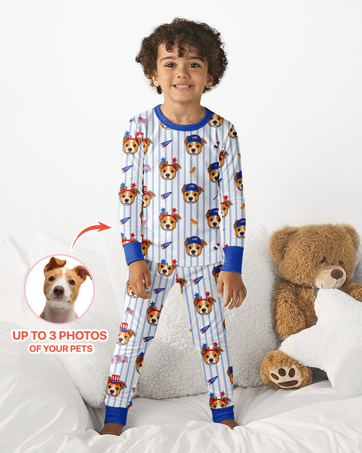 Custom Pet Image 4th of July Family Matching Bamboo Two Piece Long Sleeve Pajama Set