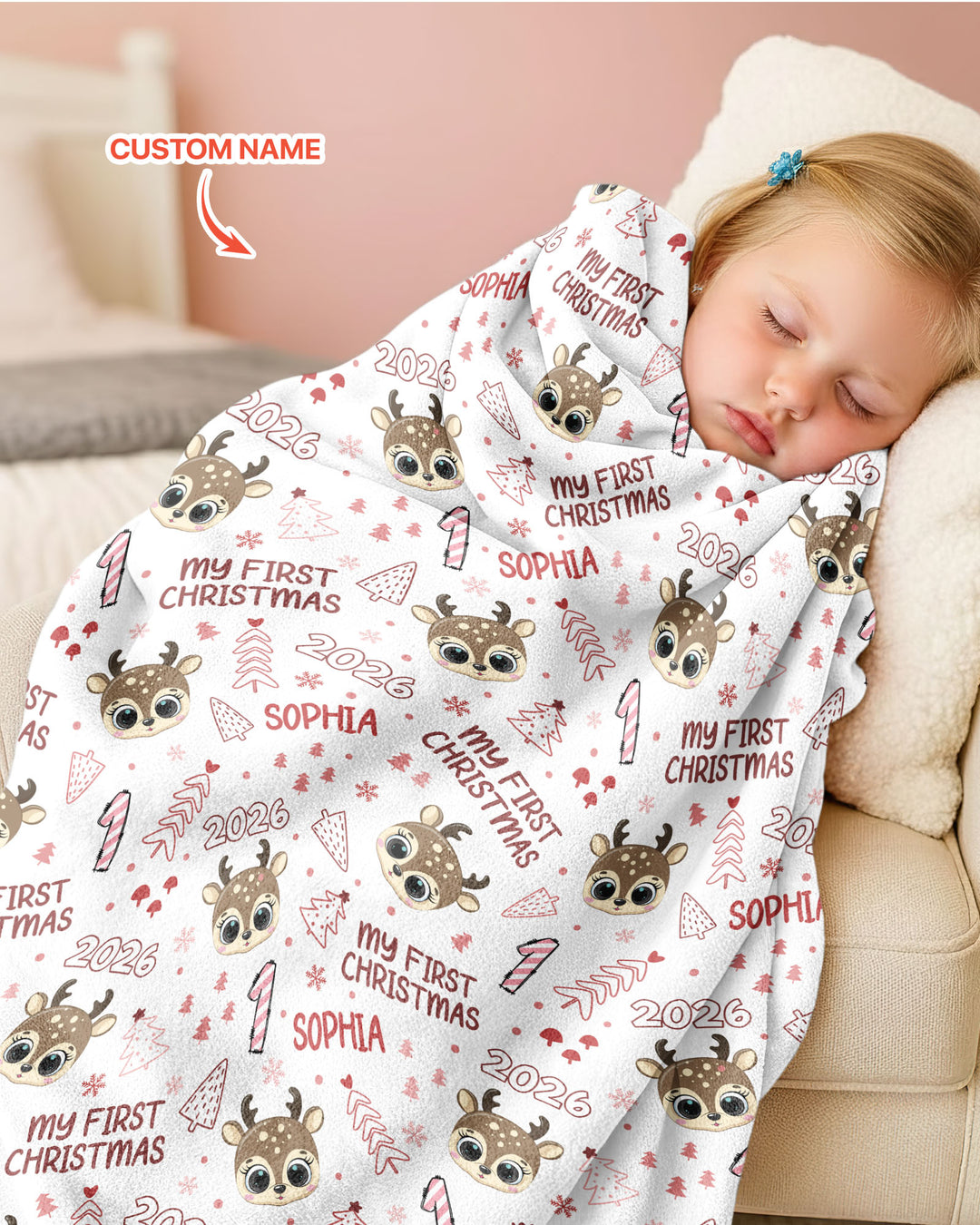 Custom Name Cute Reindeer My First Christmas Bamboo Blanket