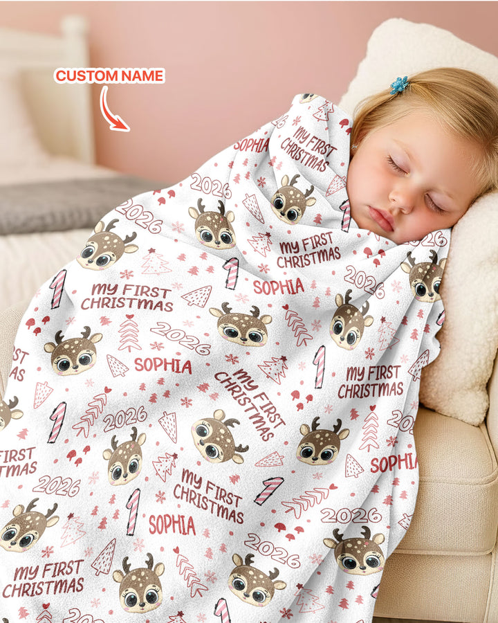 Custom Name Cute Reindeer My First Christmas Bamboo Blanket