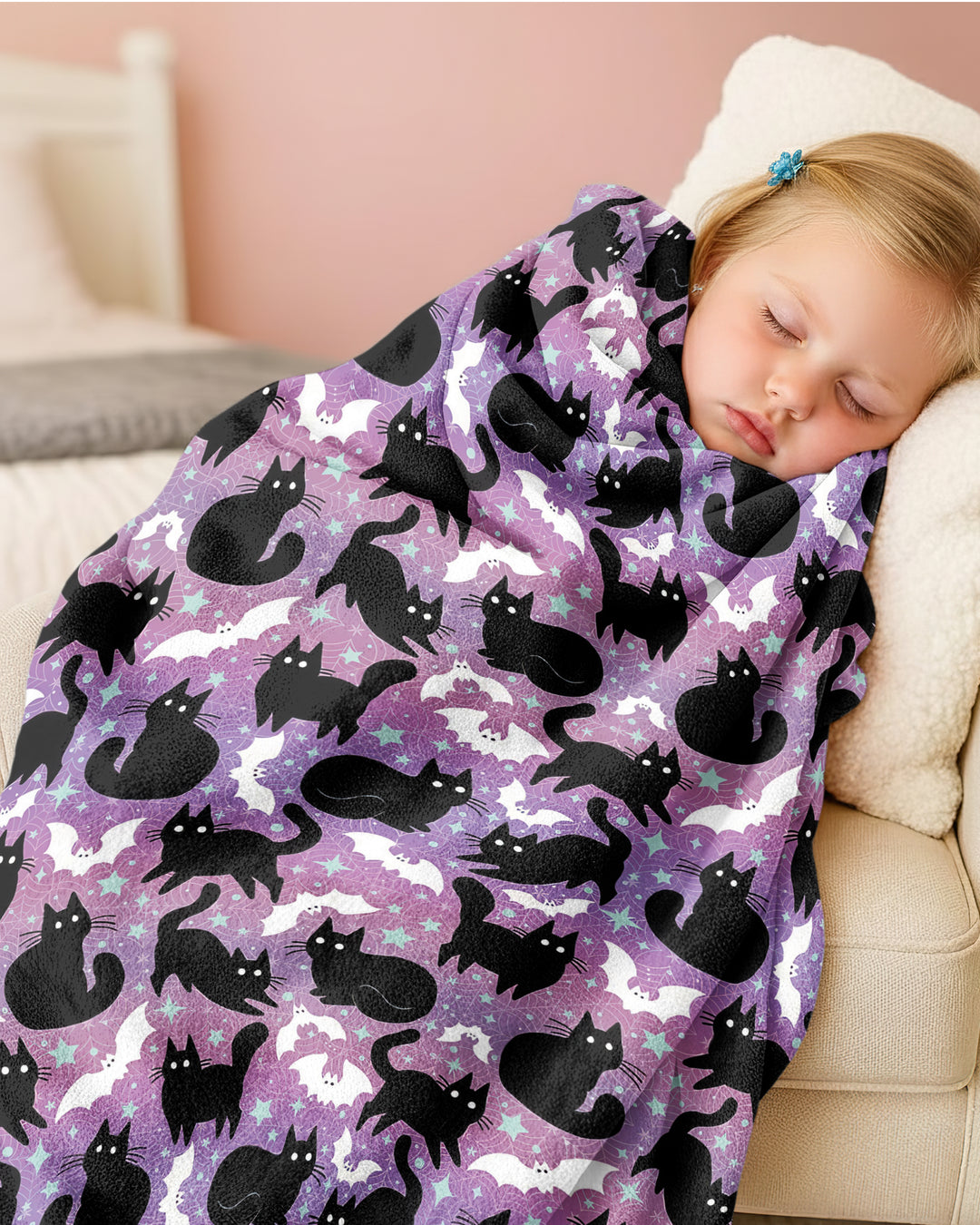 Spooky Black Cat Halloween Purple Bats Bamboo Blanket