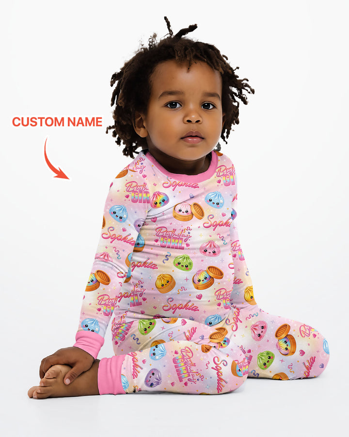 Birthday Girl Glitter Dumpling Bamboo Two Piece Long Sleeve Pajama Set