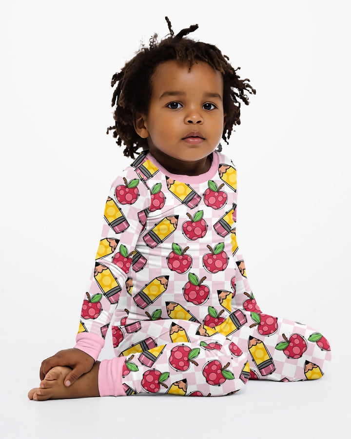 Checkered Apple Scribbles Bamboo Two Piece Long Sleeve Pajama Set