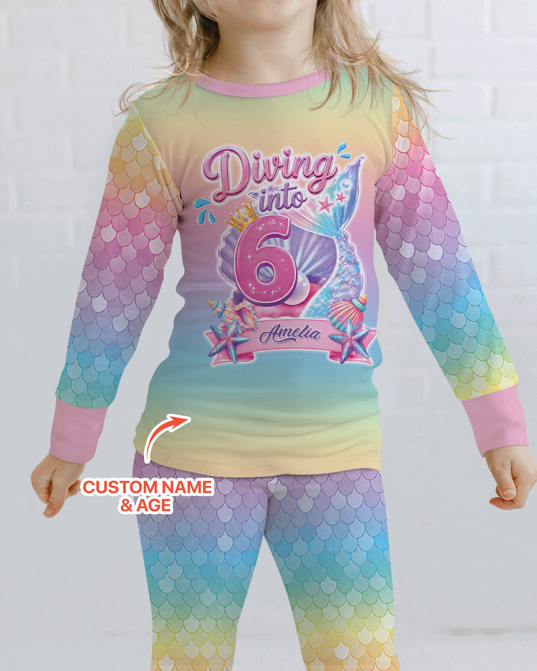 Mermaid Birthday Custom Name & Age Bamboo Two Piece Long Sleeve Pajama Set