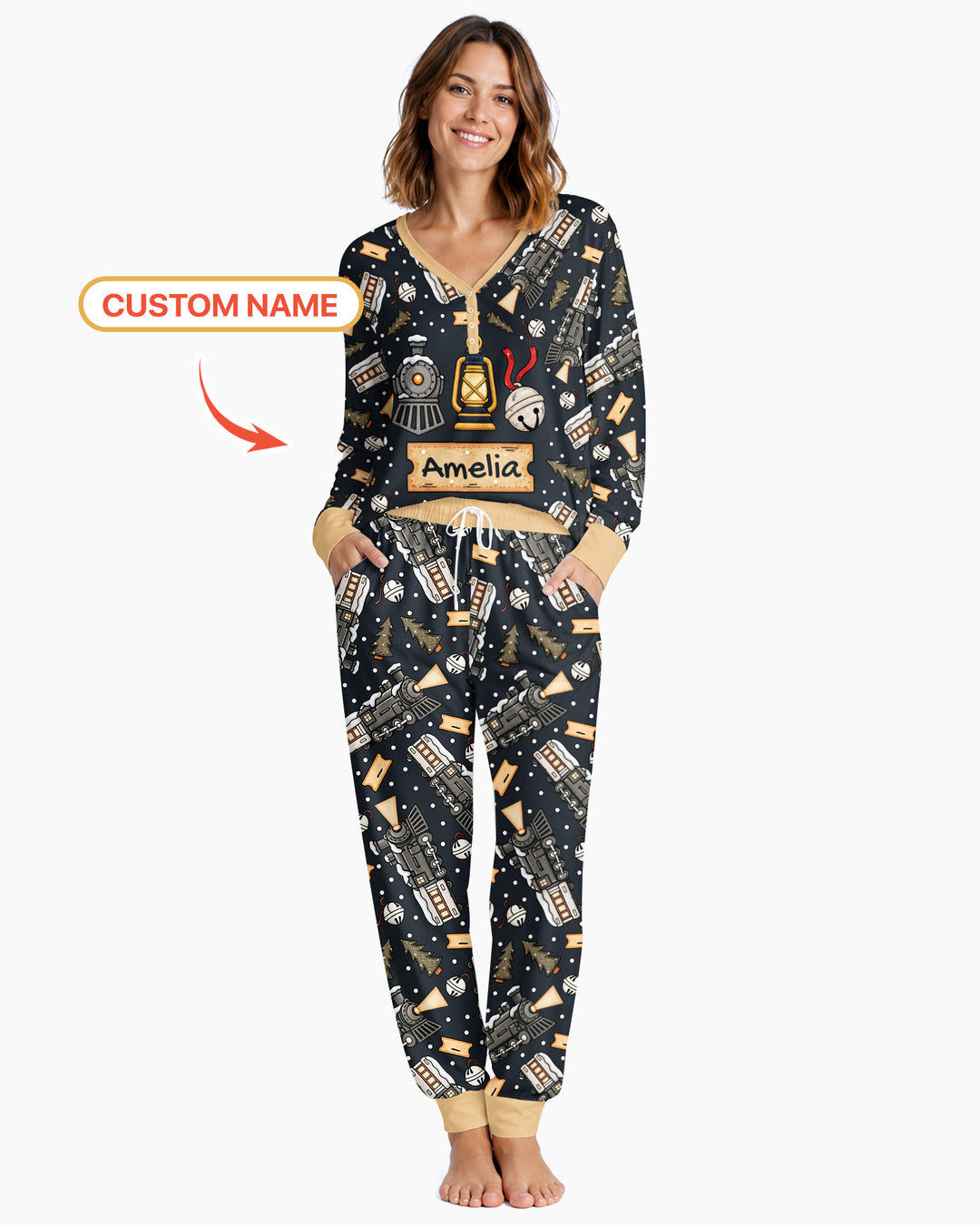 Custom Name Believe Kid Train Bamboo Women Pajama Set