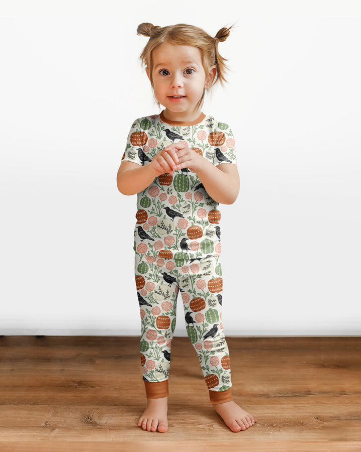 Country Crows with Mums and Pumpkins Bamboo Two Piece Short Sleeve Pajama Set