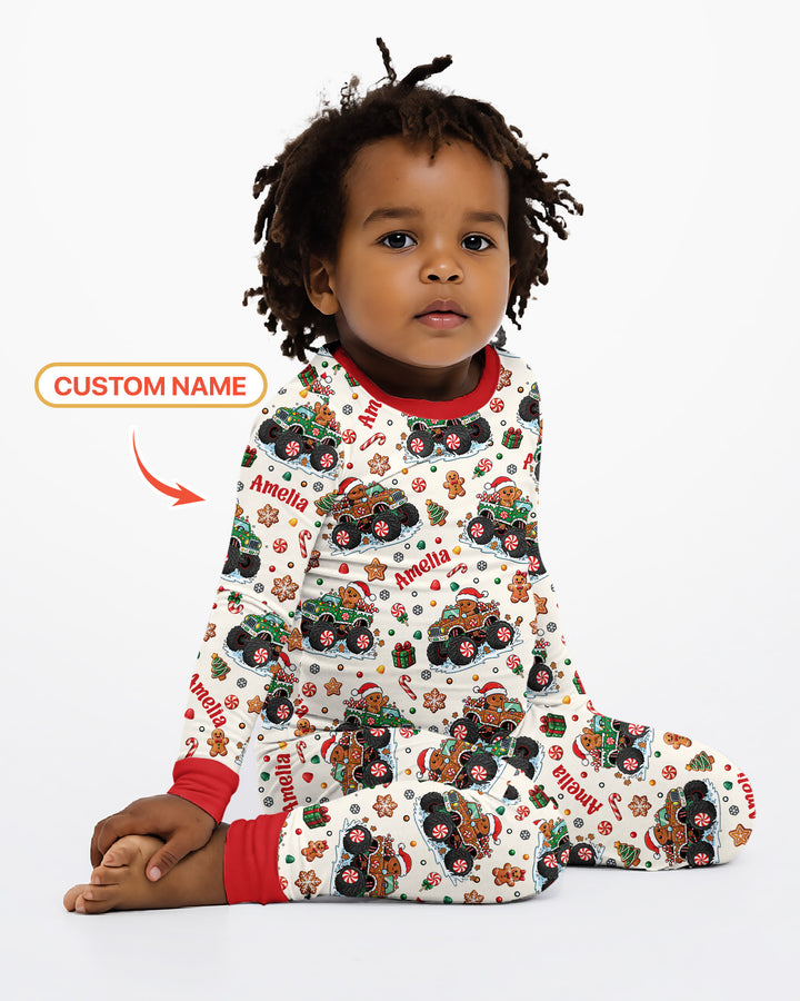 Custom Name Monster Truck Gingerbread Bamboo Two Piece Long Sleeve Pajama Set