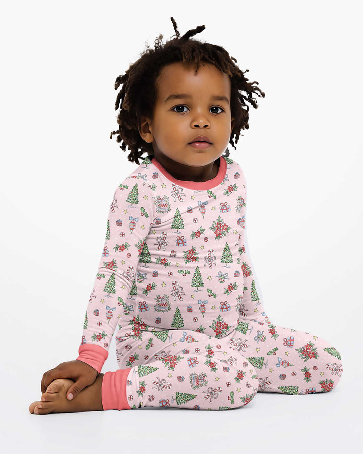Watercolor Pink Christmas Holidays Christmas Tree Gifts Candy Cane Bamboo Two Piece Long Sleeve Pajama Set