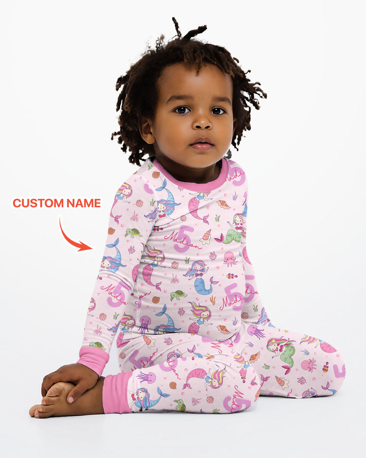 Custom Name Birthday Mermaid Bamboo Two Piece Long Sleeve Pajama Set