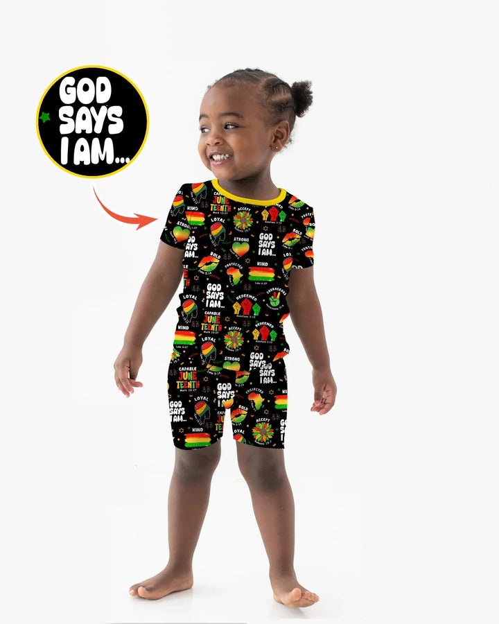 God Says I Am Juneteenth Blessings Bamboo Two Piece Short Sleeve Shorts Pajama Set