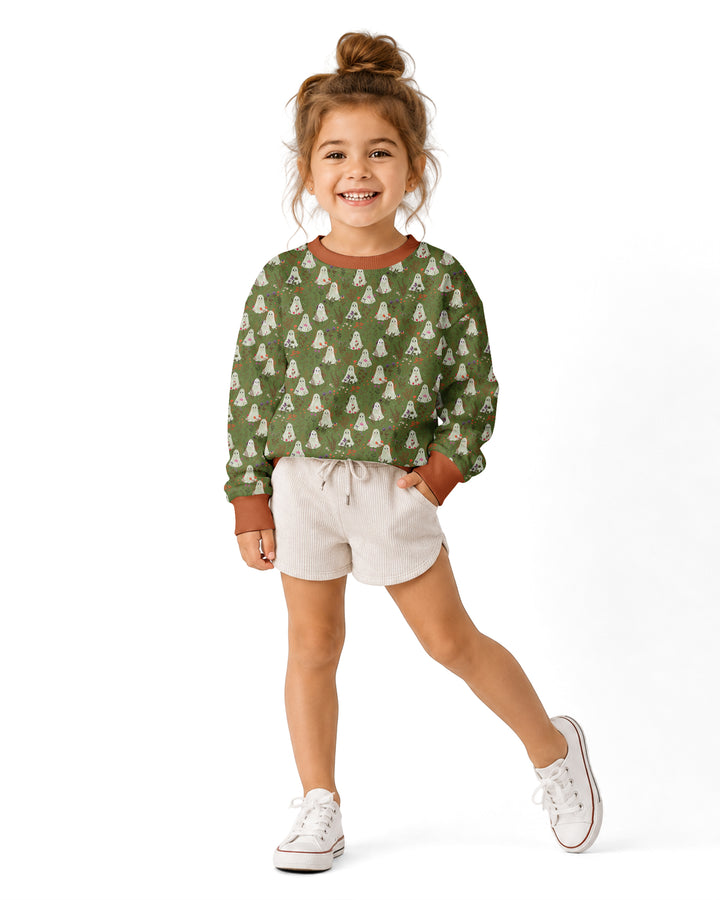 Cute Ghost Halloween Moss Green Floral Bamboo Crewneck Sweatshirt