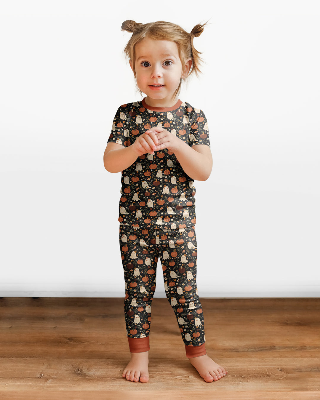 Ghost Pumpkin Harvest Floral Halloween Bamboo Two Piece Short Sleeve Pajama Set