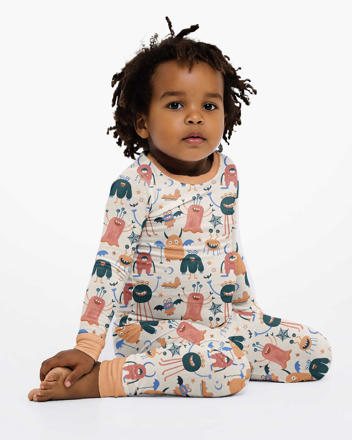 Monsters Fun Pastels Hand Painted Cute Bamboo Two Piece Long Sleeve Pajama Set