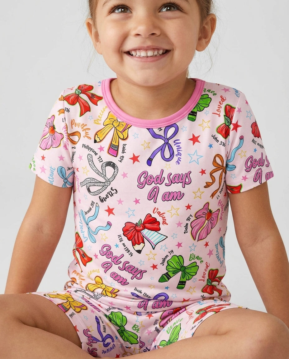 Pencil Bows God Says I Am Bamboo Two Piece Short Sleeve Shorts Pajama Set