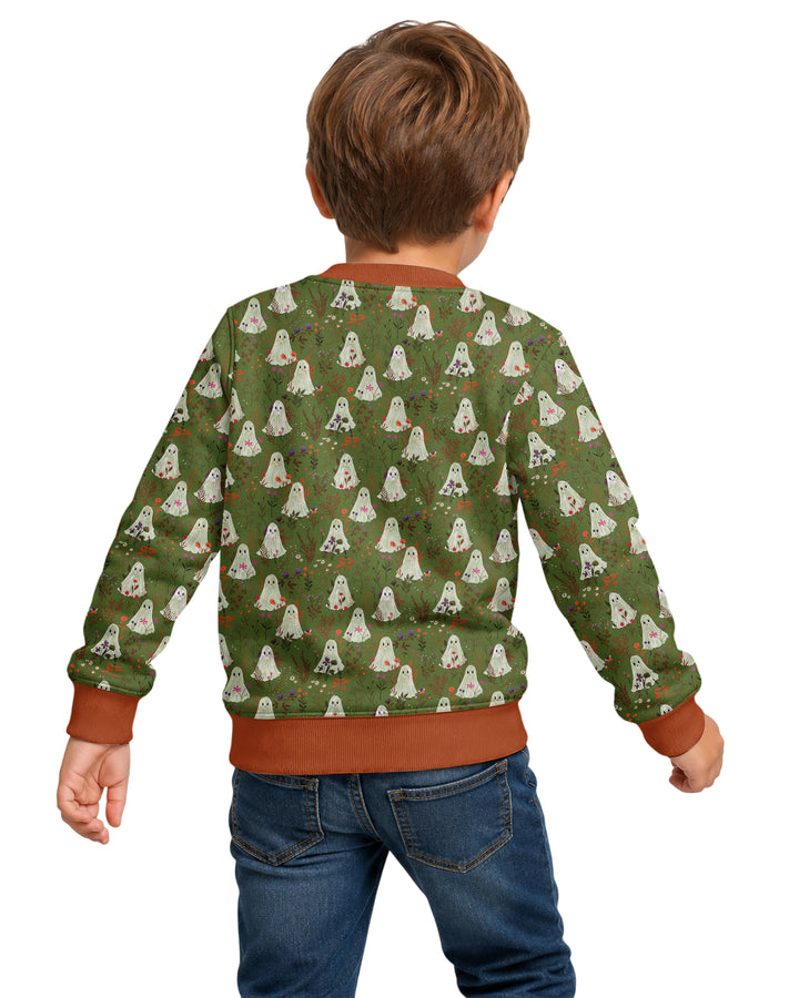 Cute Ghost Halloween Moss Green Floral Bamboo Crewneck Sweatshirt