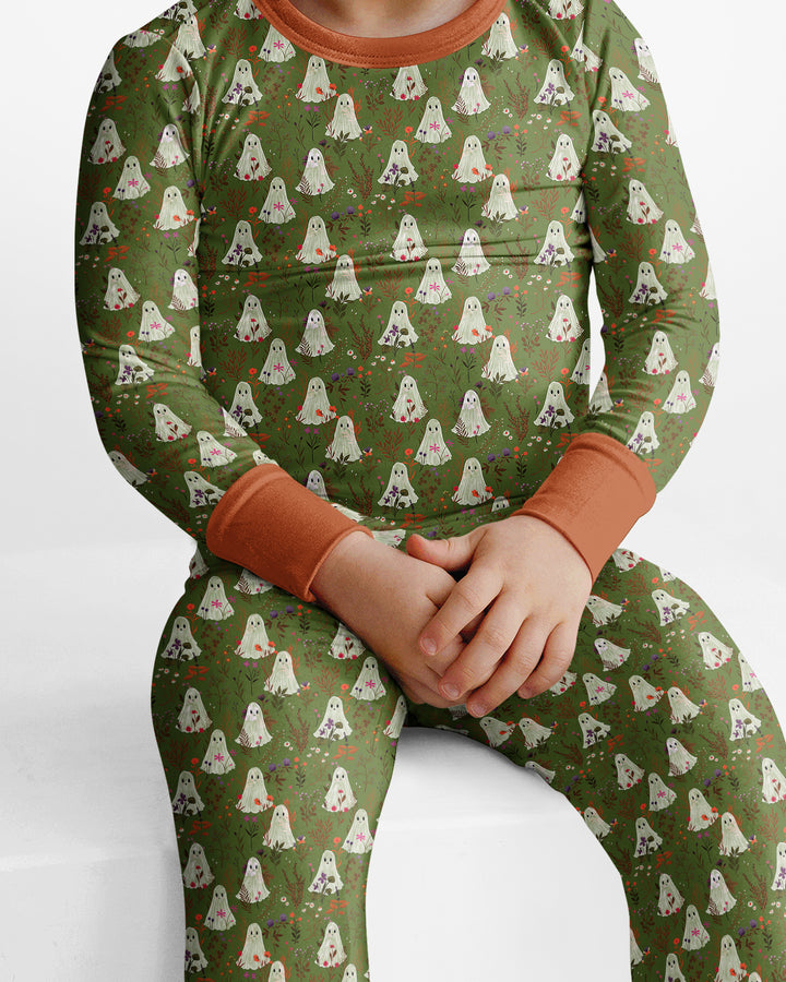 Cute Ghost Halloween Moss Green Floral Bamboo Two Piece Long Sleeve Pajama Set