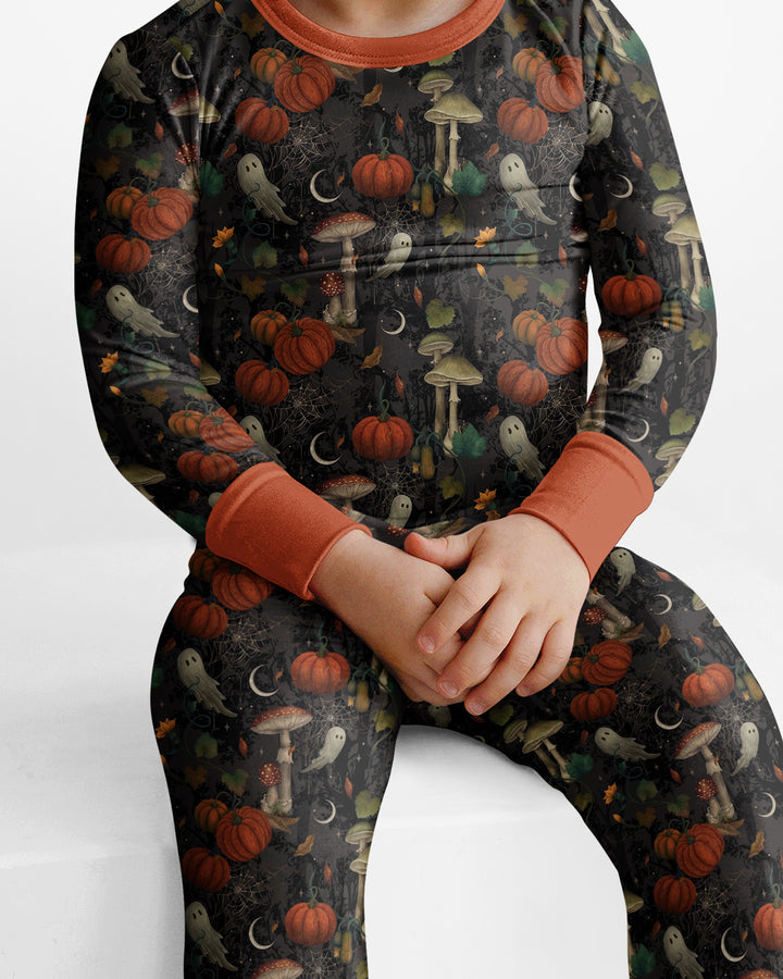 Spooky Cute Ghost Pumpkin Mushroom Halloween Bamboo Two Piece Long Sleeve Pajama Set