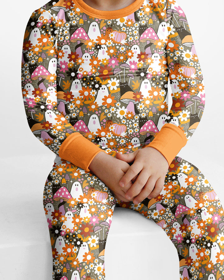 Retro Ghost Mushroom Floral Halloween Bamboo Two Piece Long Sleeve Pajama Set