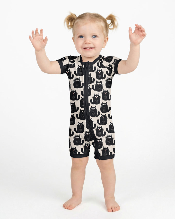 Moody Black Cats in Black and White Bamboo Shorty Zippy