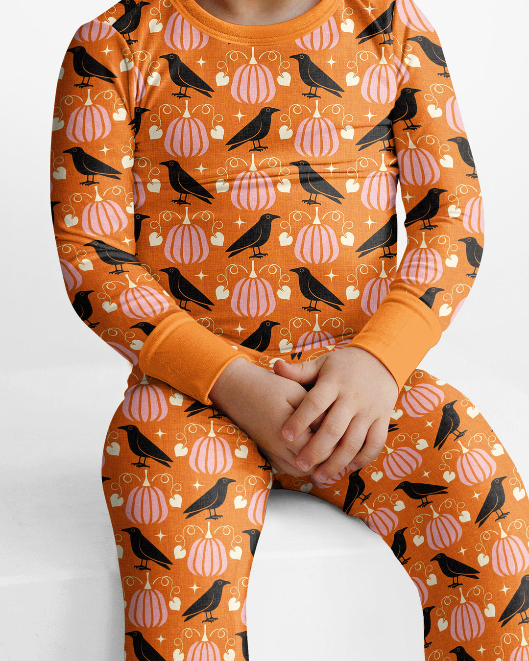 Ravens in a Pumpkin Patch - Orange Pink Bamboo Two Piece Long Sleeve Pajama Set