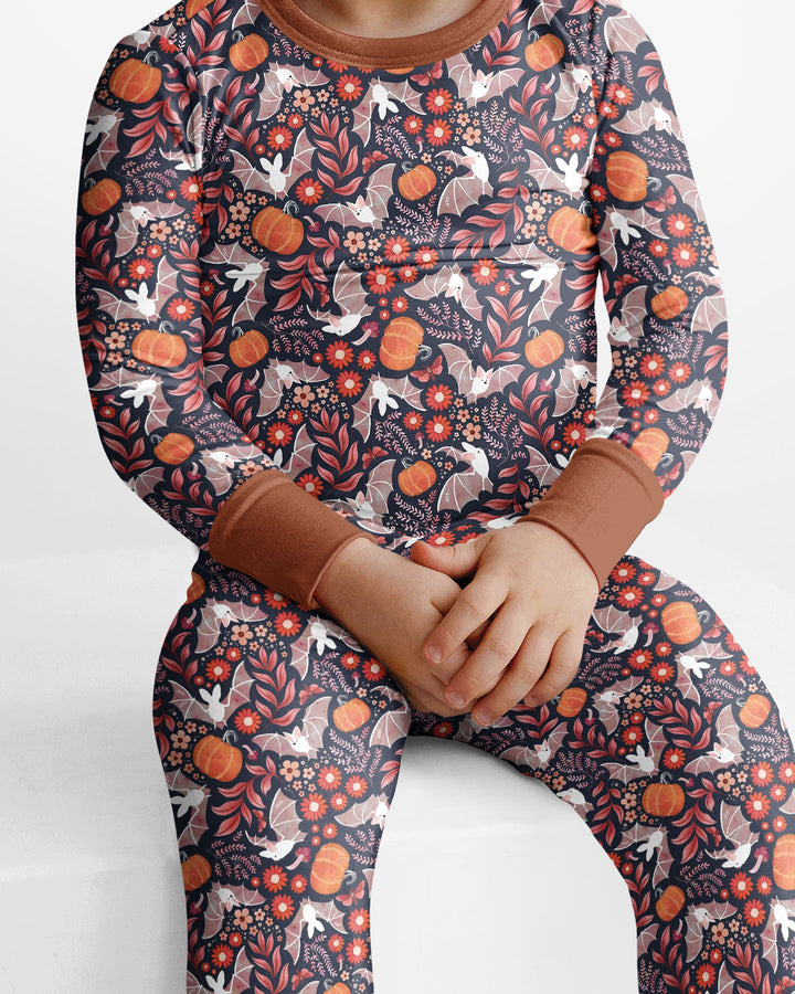 Bat Pumpkin Floral Halloween Bamboo Two Piece Long Sleeve Pajama Set