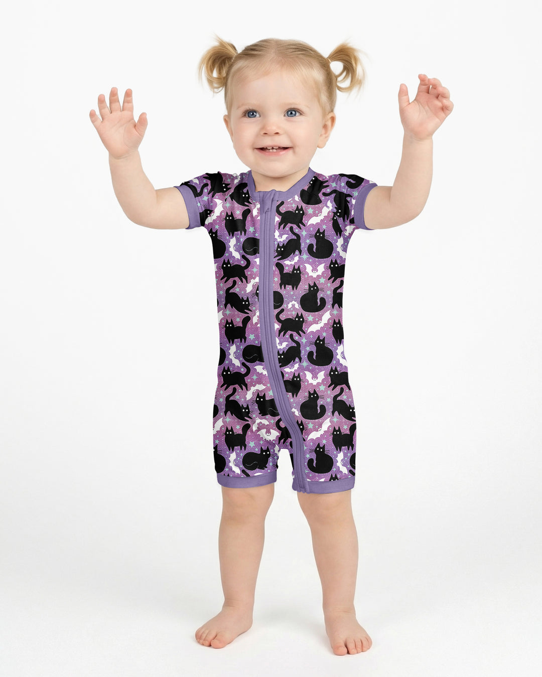 Spooky Black Cat Halloween Purple Bats Bamboo Shorty Zippy