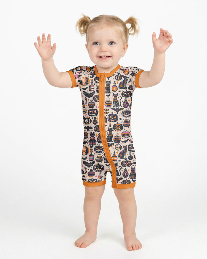 Whimsical Tribal Retro Halloween Black Cats Pumpkins Bamboo Shorty Zippy