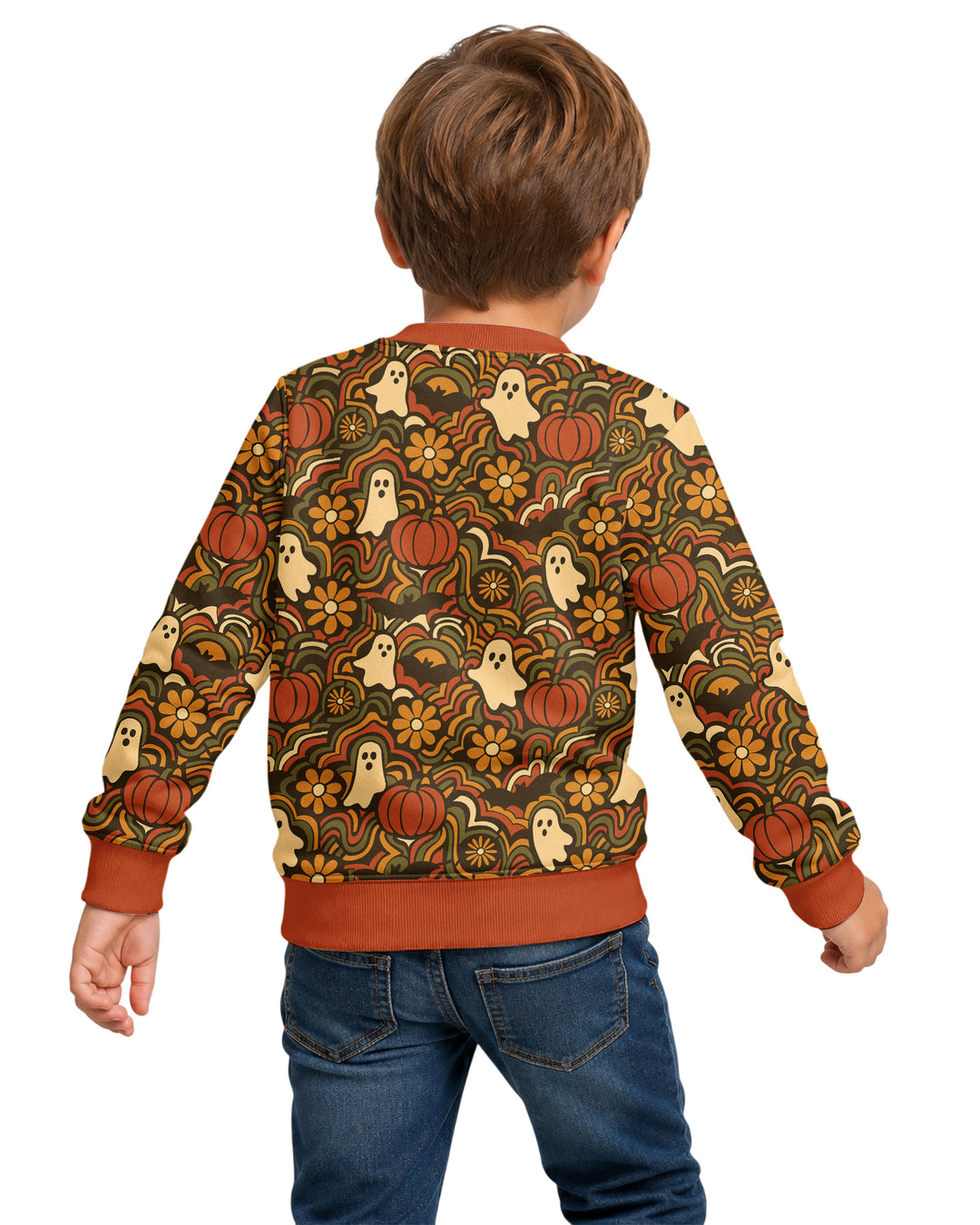 Retro Halloween Ghost Pumpkin Floral Bamboo Crewneck Sweatshirt