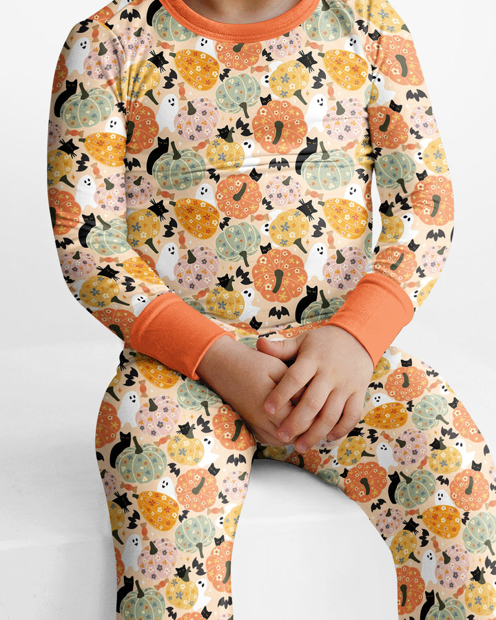 Floral Pumpkin Ghost Halloween Bamboo Two Piece Long Sleeve Pajama Set