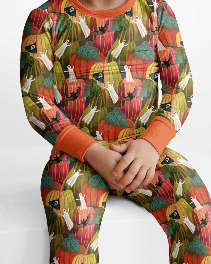 Big Pumpkin Field With Ghosts Bamboo Two Piece Long Sleeve Pajama Set