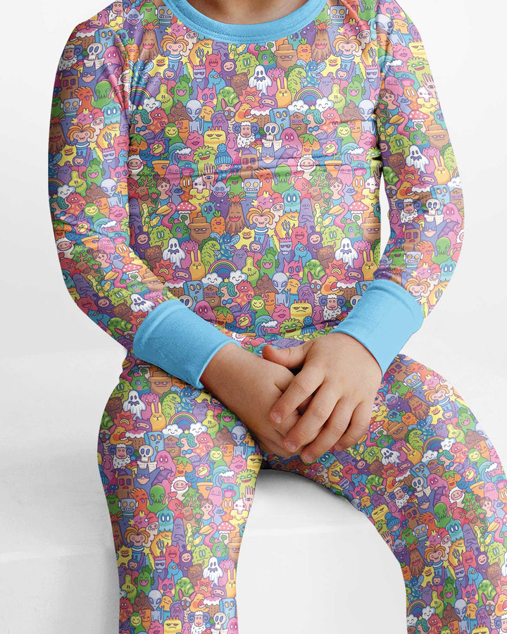 Doodle Characters Pastel Bamboo Two Piece Long Sleeve Pajama Set