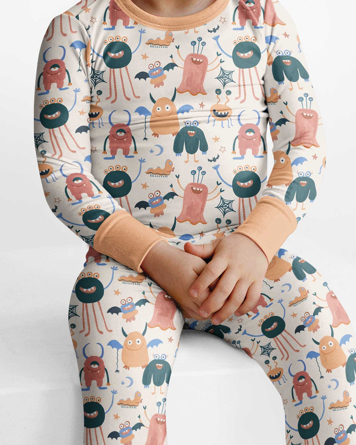 Monsters Fun Pastels Hand Painted Cute Bamboo Two Piece Long Sleeve Pajama Set