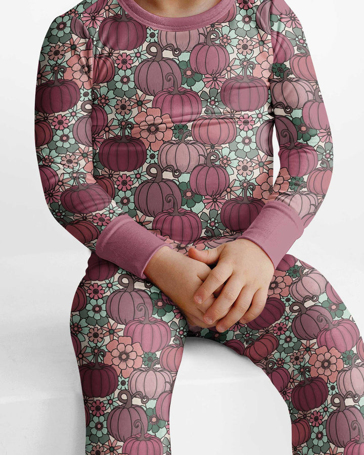 Retro Floral Pumpkin Patch Bamboo Two Piece Long Sleeve Pajama Set