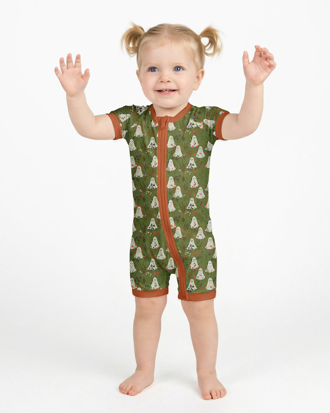 Cute Ghost Halloween Moss Green Floral Bamboo Shorty Zippy